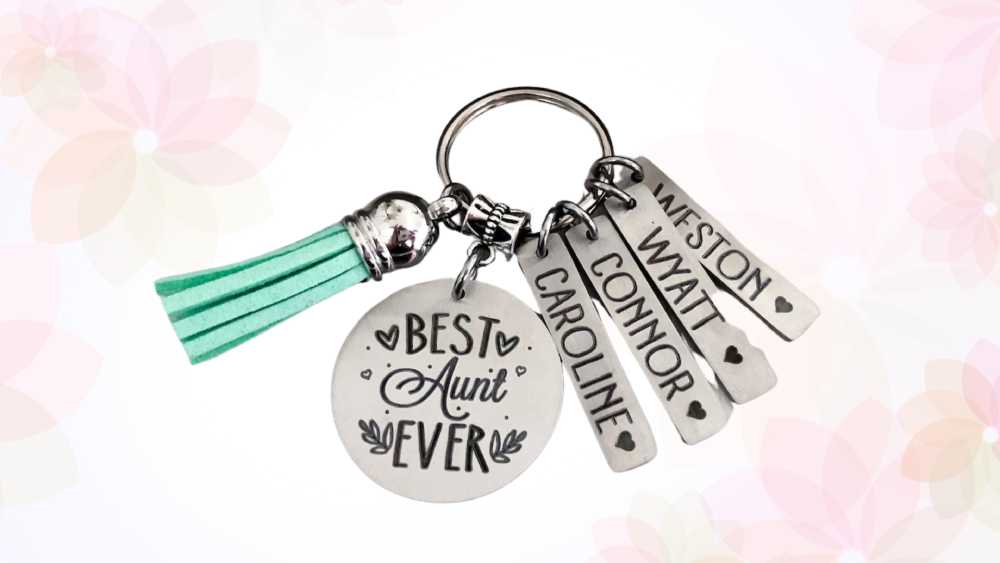 Personalized keychain charms with name bars and tassel