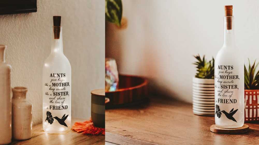 Handmade wine bottle with lights and fun quote
