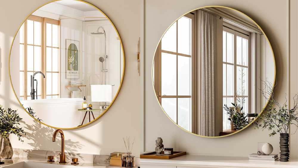 Gold color framed round wall mounted mirror