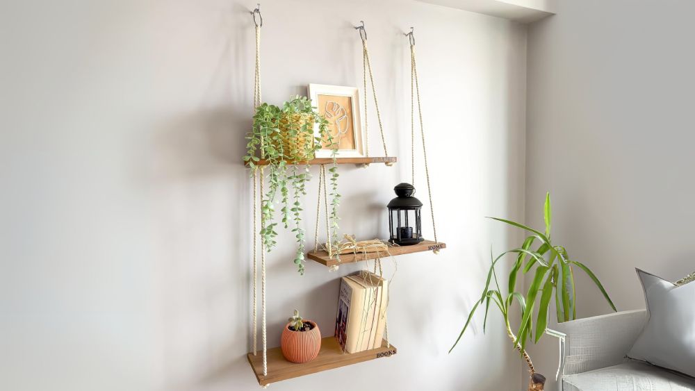 Rustic three tier hanging wood shelves home decor