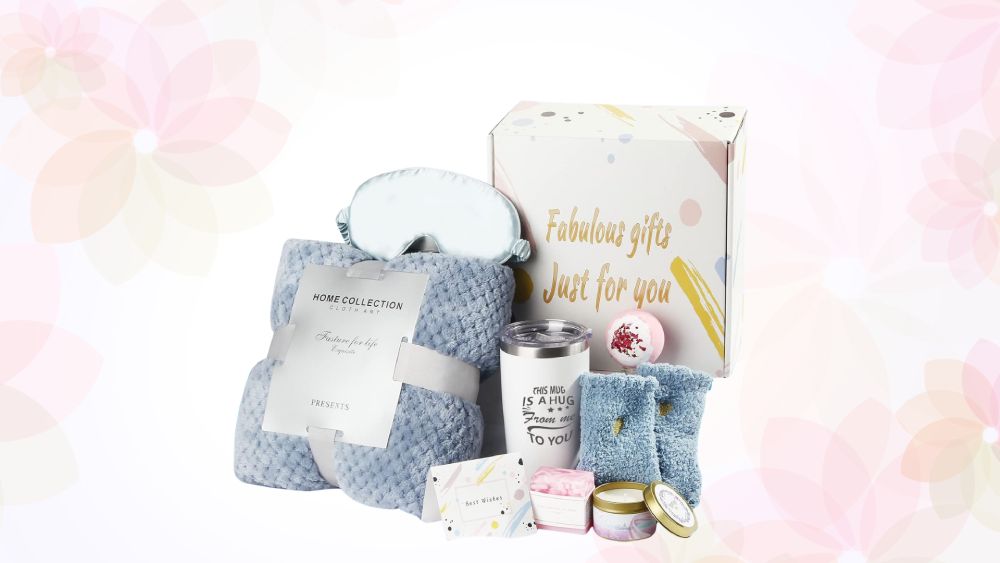 Relaxing care package including blanket mug and candles