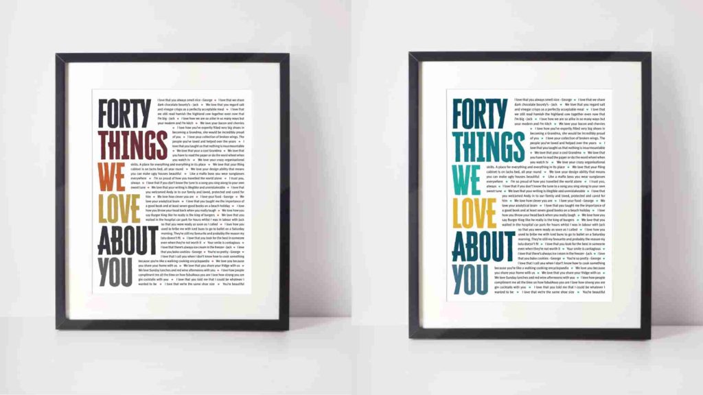 40 Thing We Love About You List Framed Poster Board