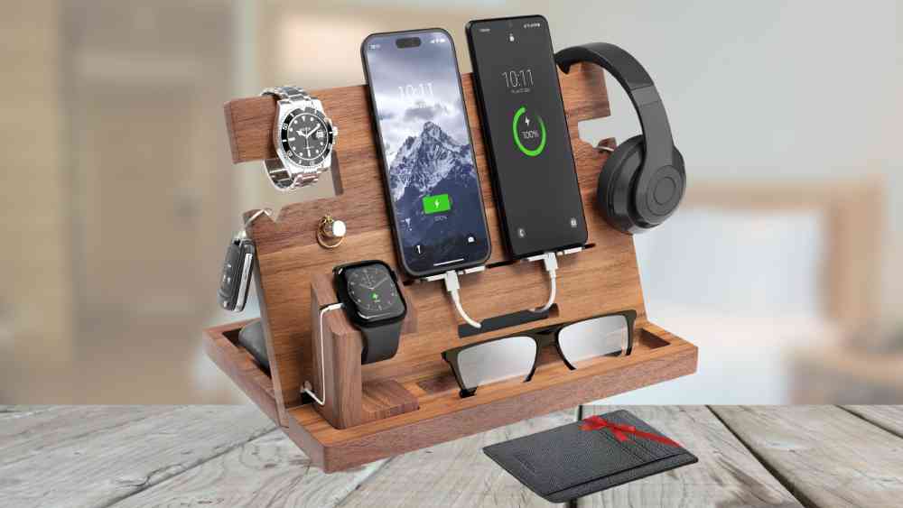 Wooden Docking Charging Station Nightstand Organizer