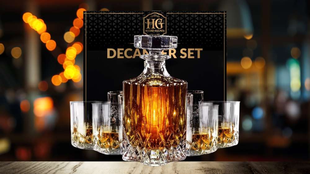 Whiskey decanter with four glasses and nine stones