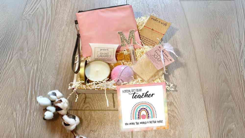 Handmade teacher appreciation gift box including spa items