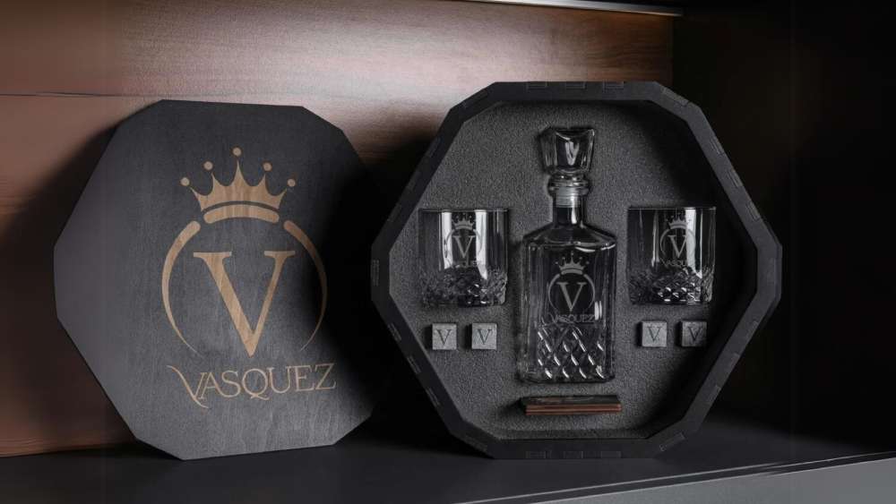 Bourbon drinking set including whiskey stones and personalized wooden box