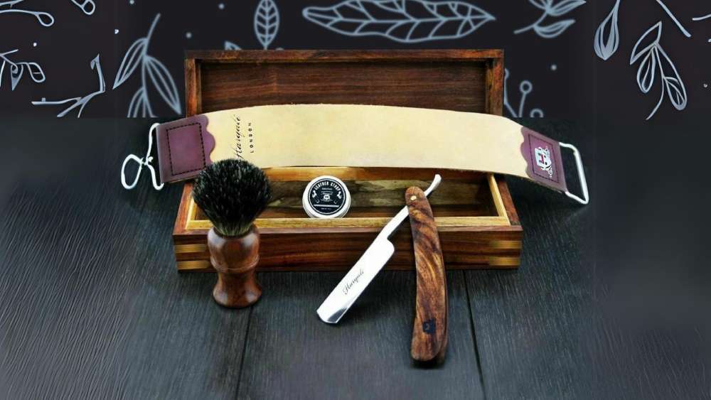 Vintage luxury five piece rosewood shaving kit including leather strap