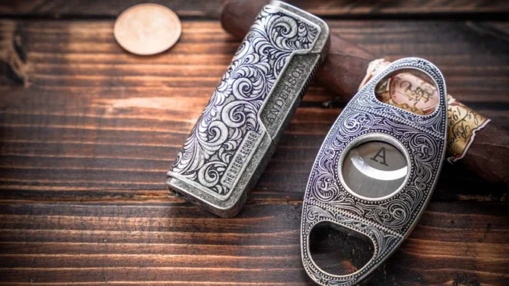 Antique cigar set including cutter and lighter and custom engraving