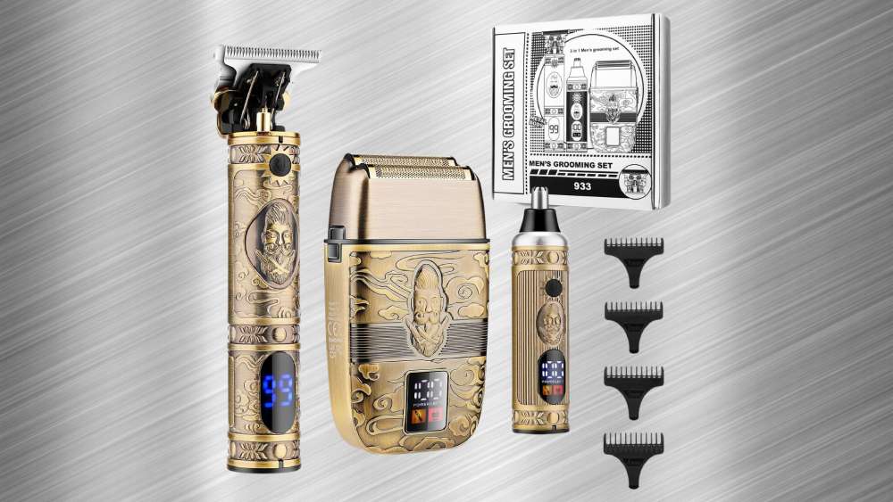 Professional hair clippers set with trimmers, guards, brush, and comb