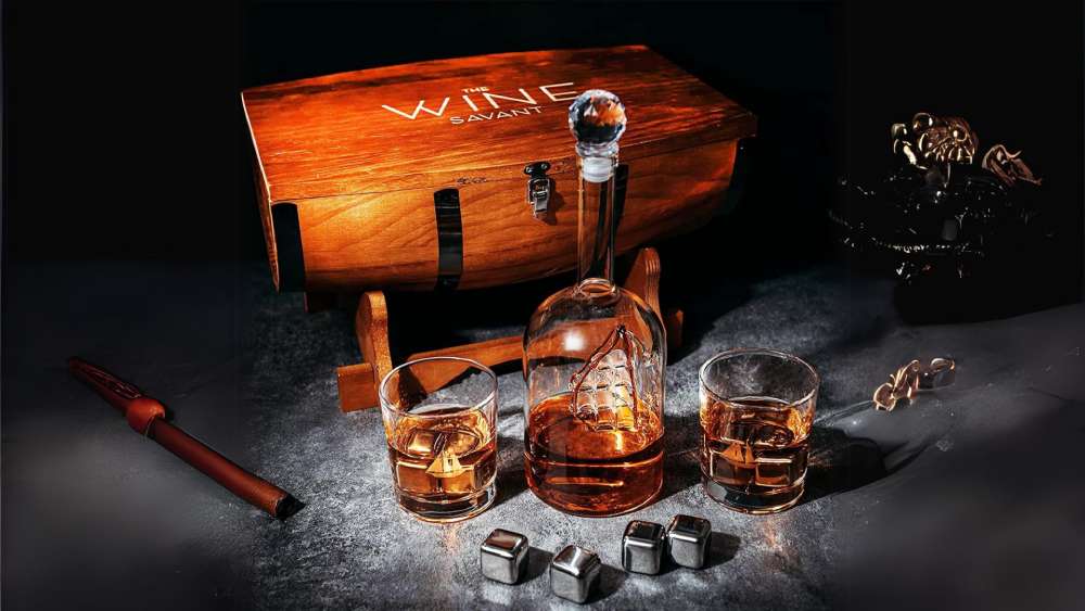 Whiskey half barrel gift box with granite stones and glasses
