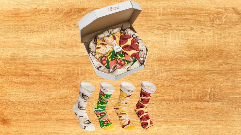 Pizza box with four pairs of pizza socks