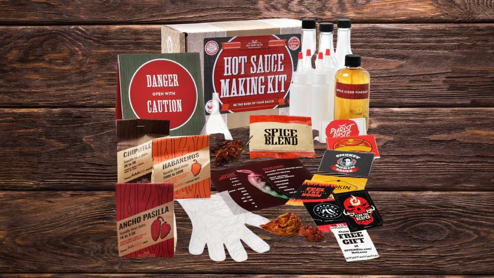 Hot sauce making kit including bottles and recipes