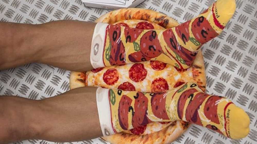 Pizza socks with variety of toppings and pizza box