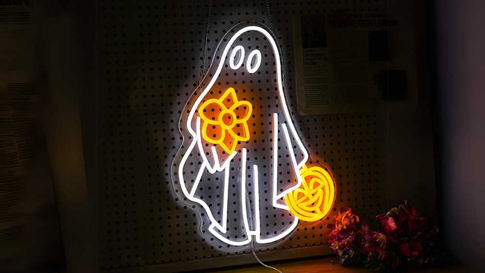 Ghost Neon Light holding flower and Pumpkin