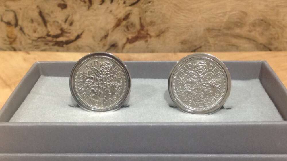 Handmade 1962 black enamel sixpence cufflinks with personalized engraving
