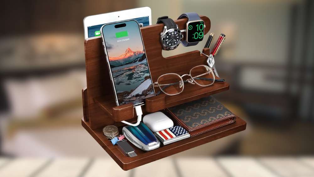 Wooden phone and accessory docking station for men