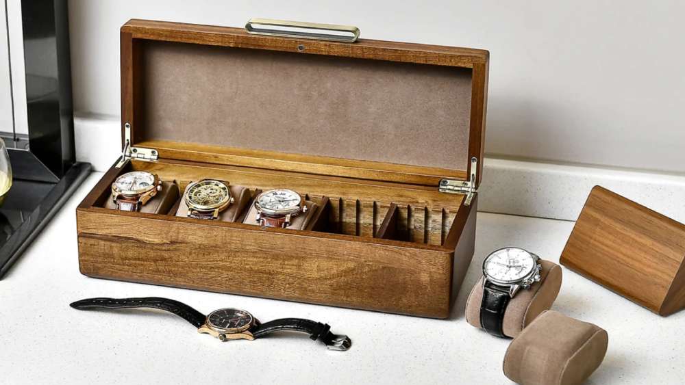 Acacia wood watch box with custom engravings