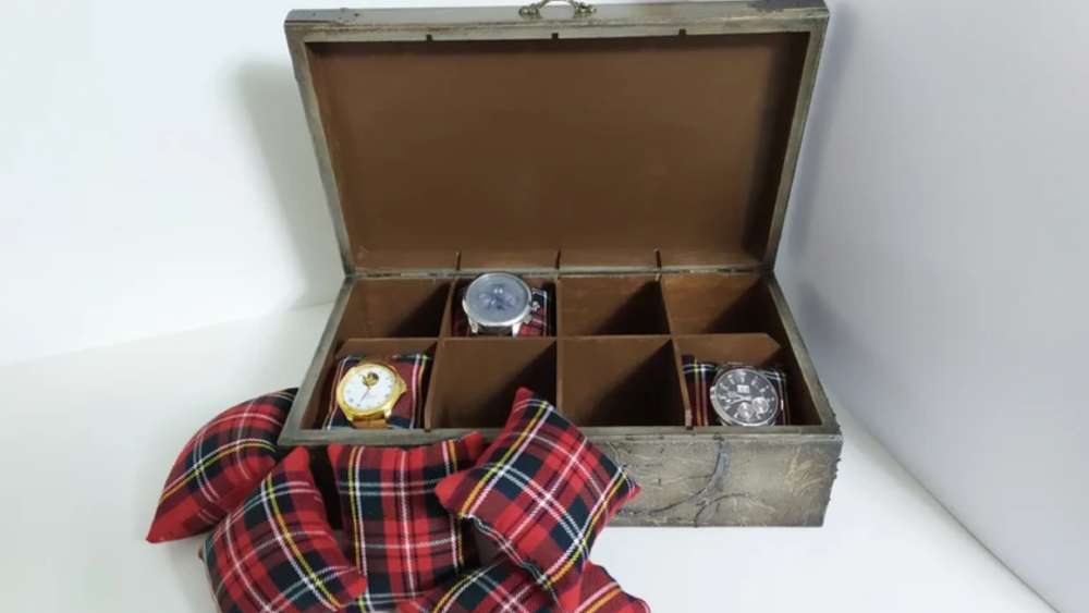 Handmade wooden watch box with steampunk design