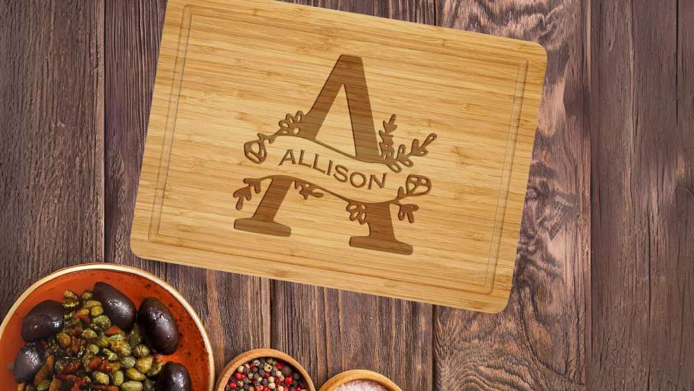 Bamboo cutting board personalized with laser engraved name