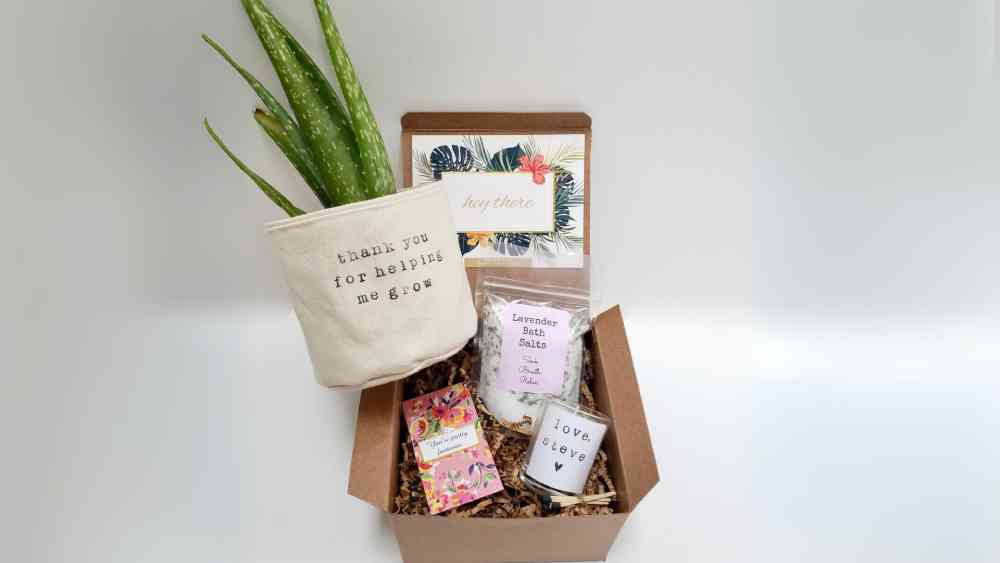 Wholesome care package including bath salts and candle