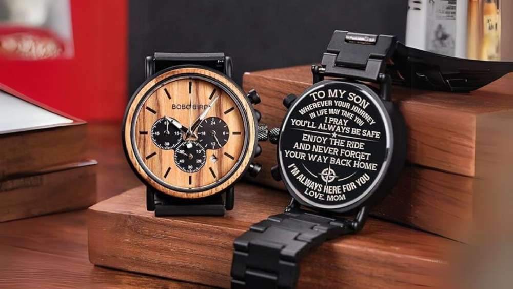 Wood and stainless steel watch with personalized engraving