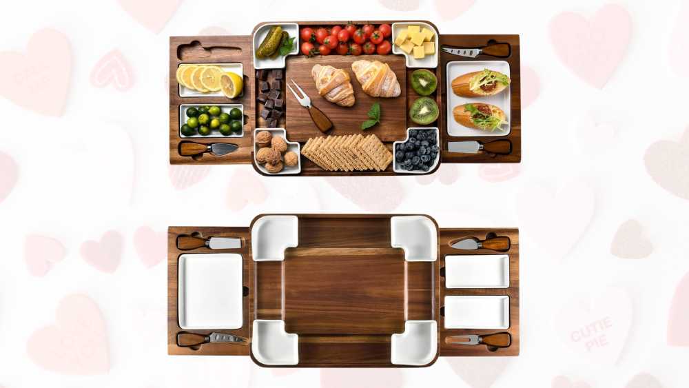 Acacia wood charcuterie board with stainless steel knives