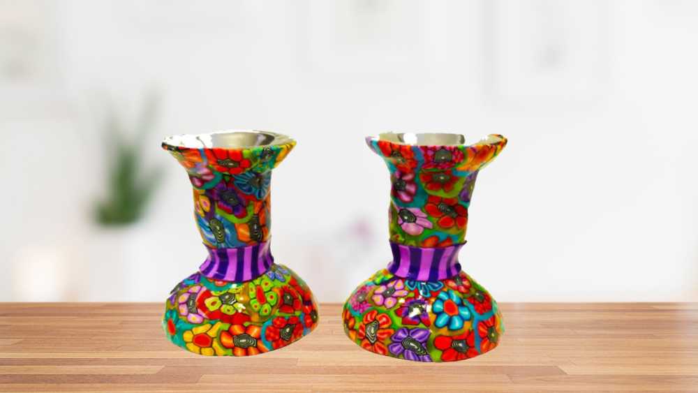 Clay Shabbat Candle Holder Set Colorful Handmade Gift