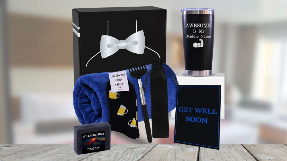 Gift box including socks mug soap bath bomb and blanket