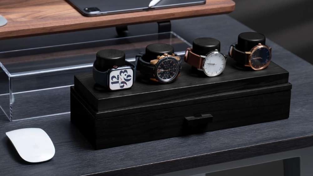 Elegant black watch display case with accessory drawer