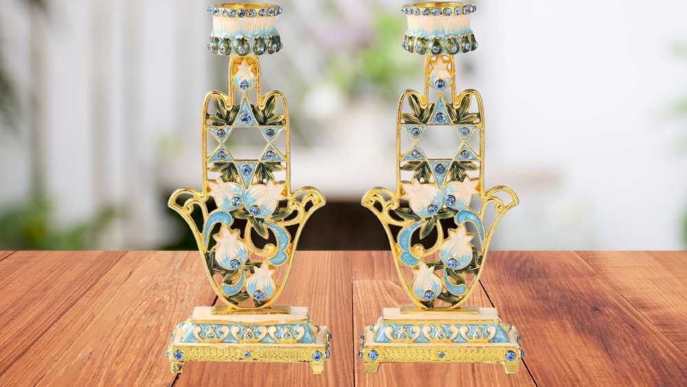 Shabbat Candlesticks Candle Holder Blue and Ivory Hamsa