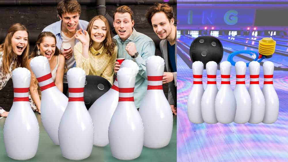 Giant inflatable bowling set with pump, pins, and ball