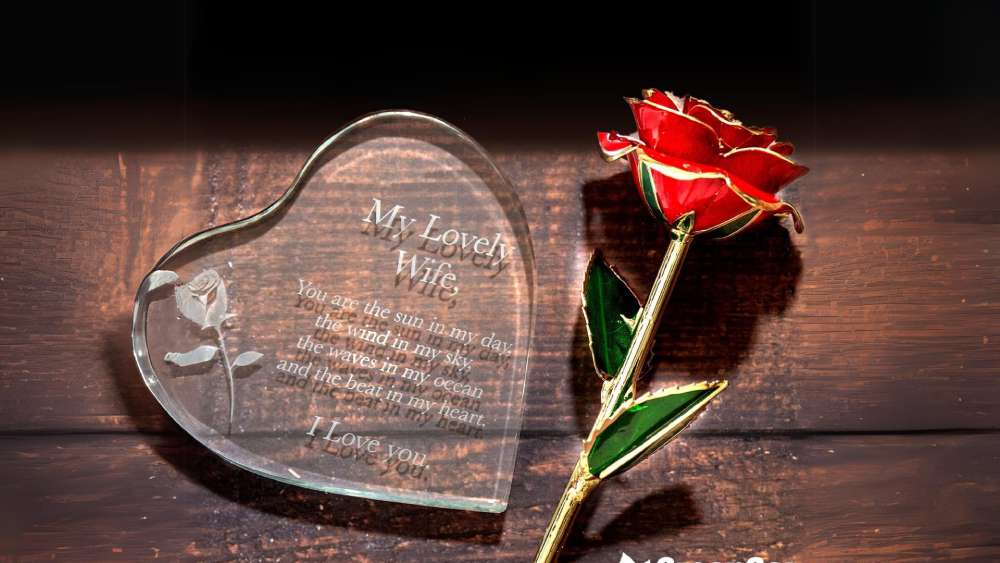 Anniversary gift for women engraved heart and gold rose