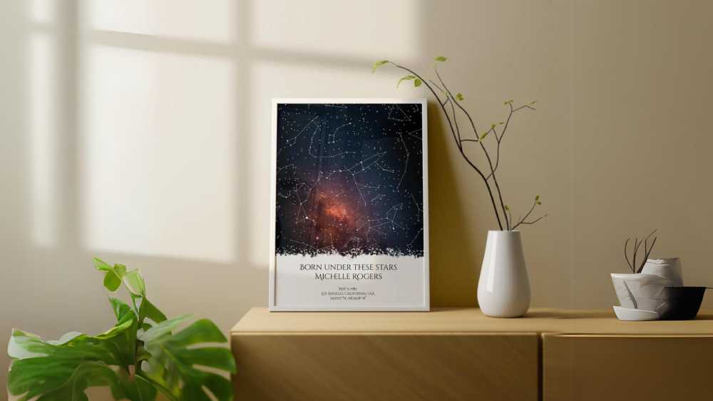 Framed night sky art from day of birth