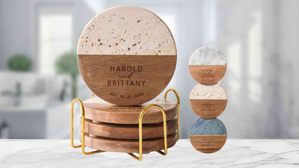 Custom engraved marble and wood coaster sets