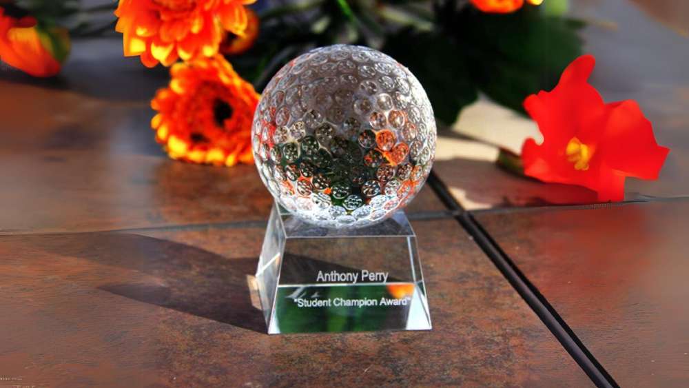 Crystal golf trophy hole in one ball display