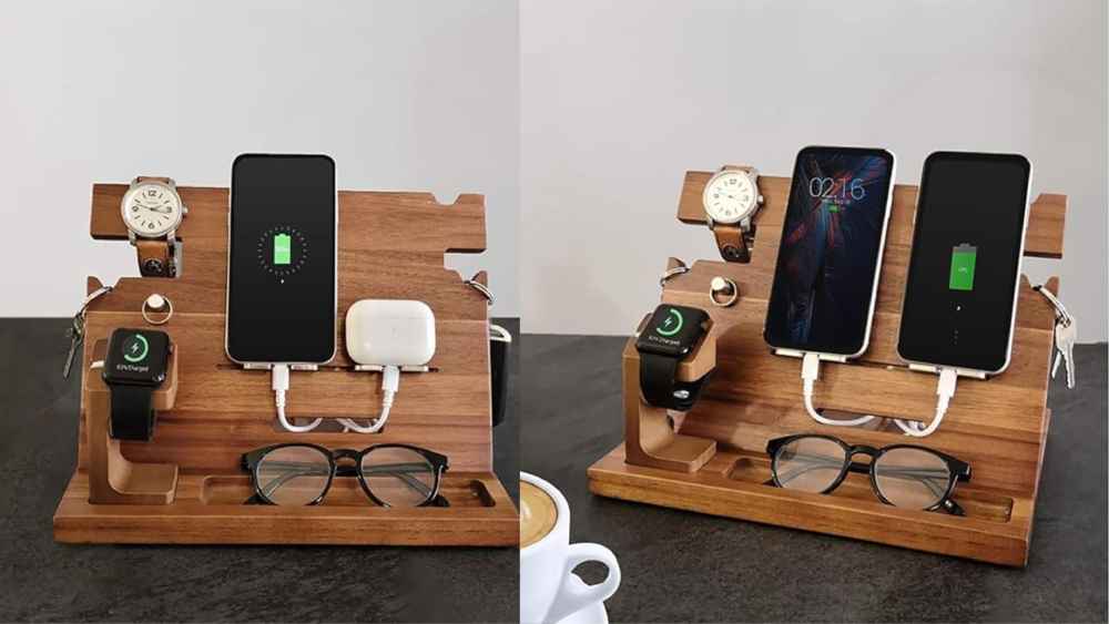 Wooden Docking Phone Charging Station Nightstand Organizer