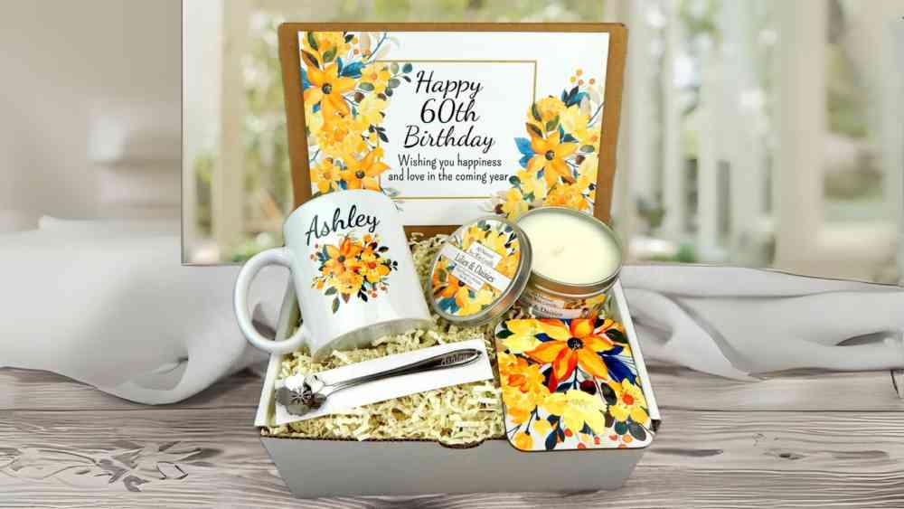 Personalized 60th Birthday Gift Basket With Mug And Scented Candle
