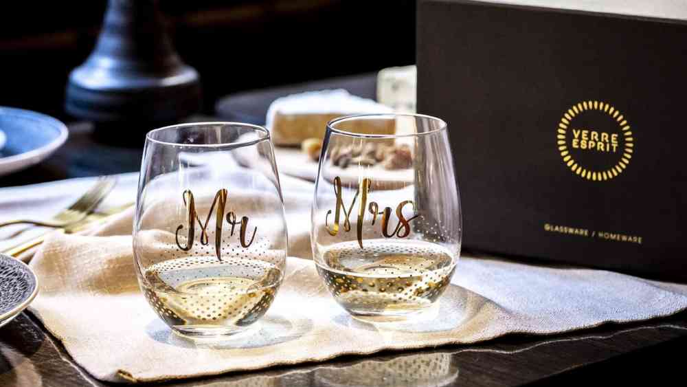 Stemless gold lettered mr and mrs wine glasses