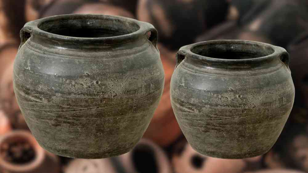 Small gray ceramic vintage jar with handles