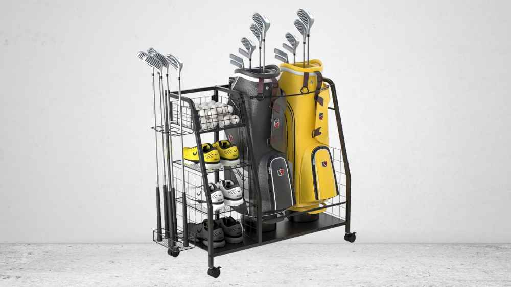 Rack to store and organize golf equipment