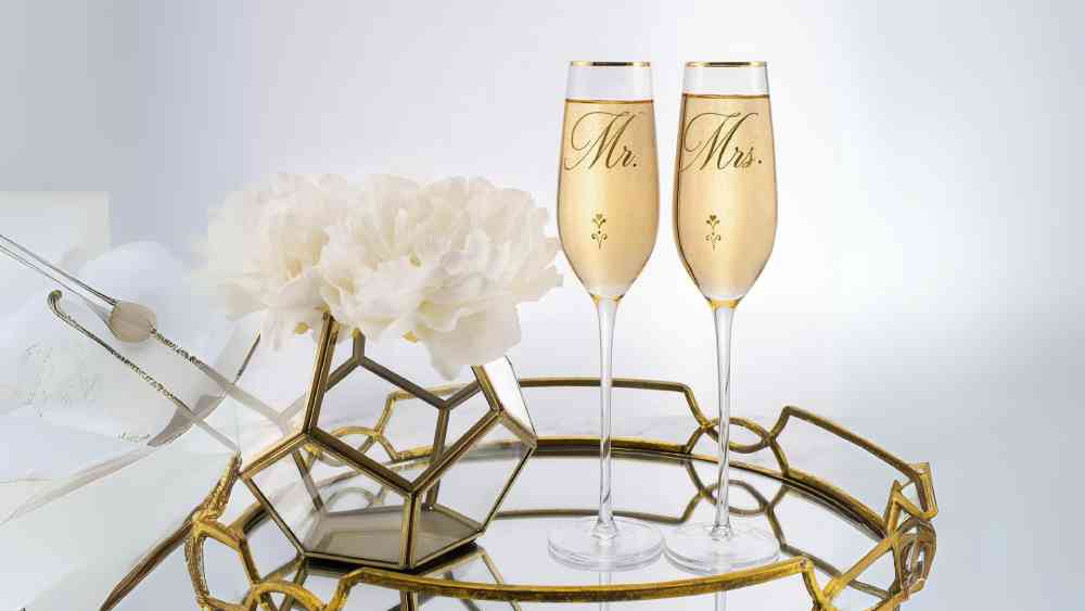 Bride and groom eight ounce champagne glasses