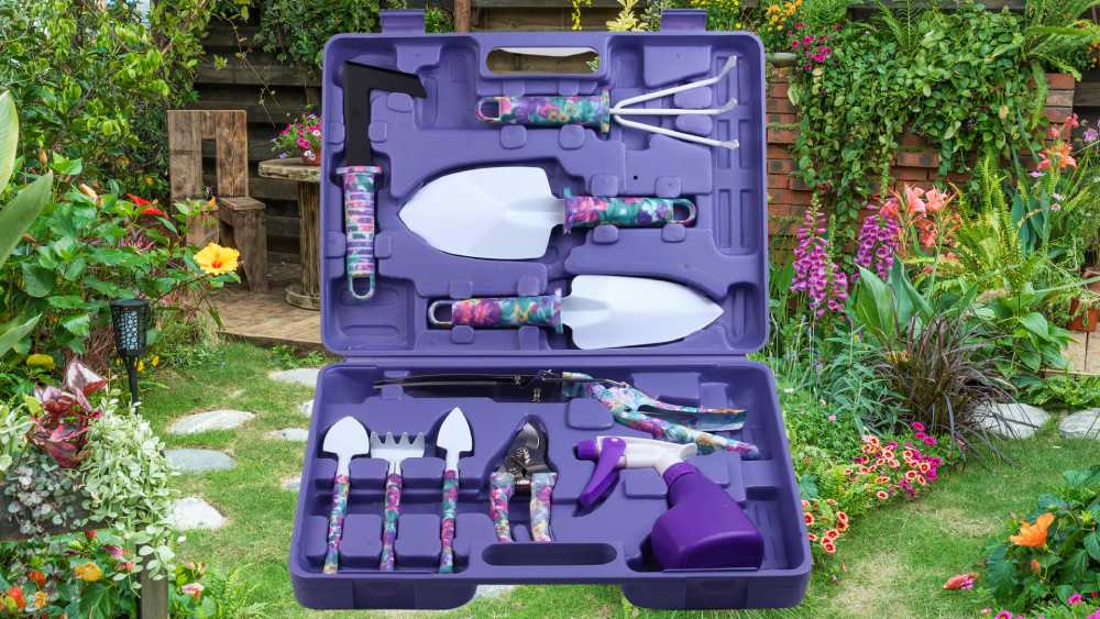 Ten piece gardening tools set with purple floral print