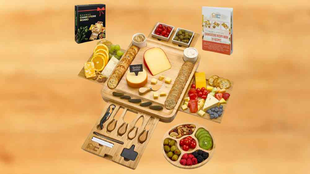 Cheese board with serving plates utensils and drawers