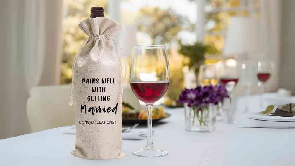 Linen wine bag wedding gift with funny text
