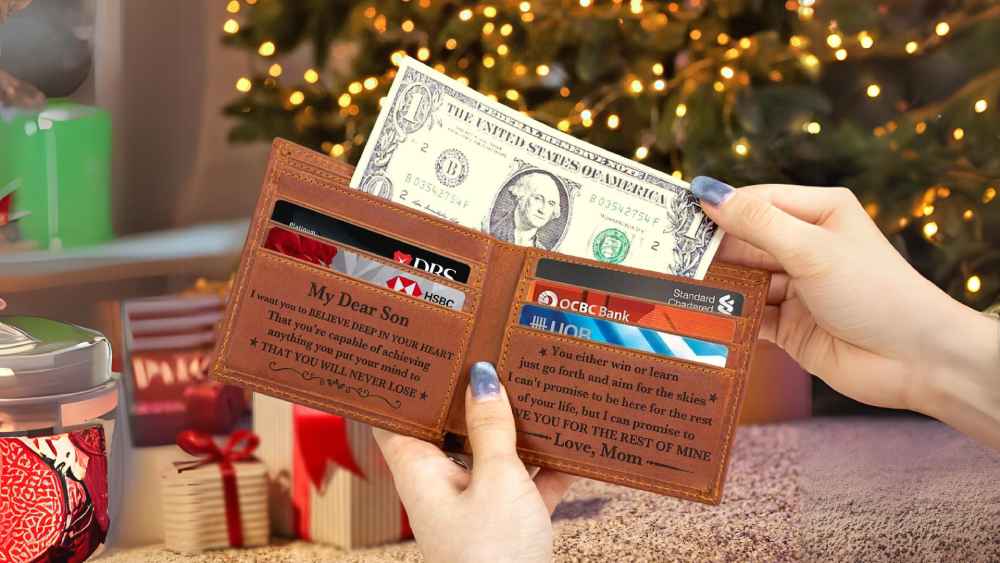 Personalized leather wallet gift from mother to son