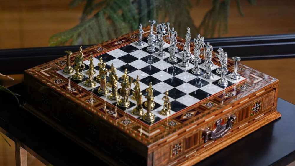Premium metal chess set with handmade wooden board