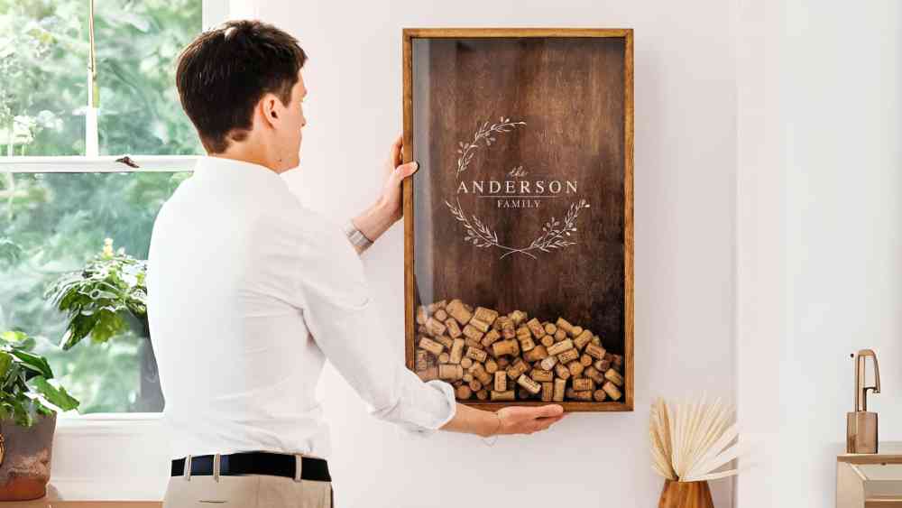 Rustic wedding guest book wine cork shadow box