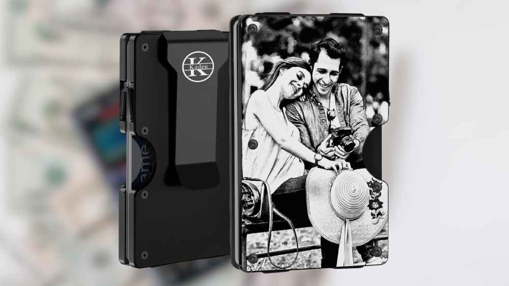 Thin minimalist aluminum wallet with personalized engraving