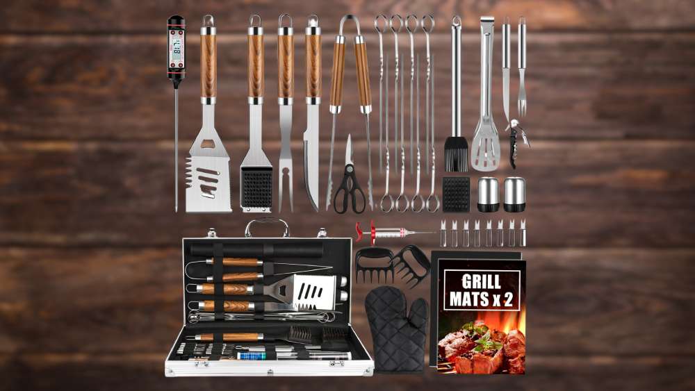 Thirty eight piece stainless steel grilling tools