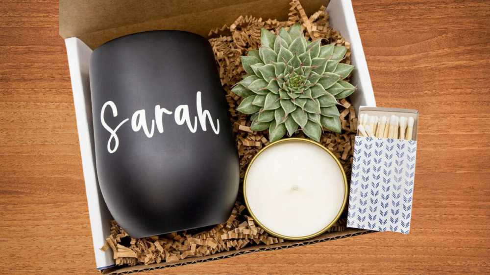 Gift box including tumbler candle and succulent